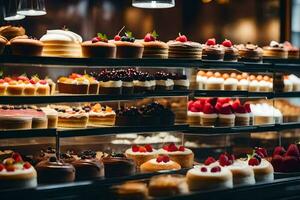 many different types of cakes are on display in a bakery. AI-Generated photo