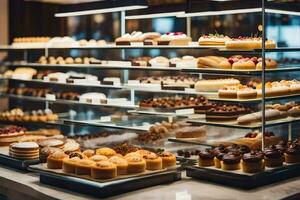 a bakery display case with many different types of pastries. AI-Generated photo