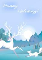 hand drawn cute forest playing animals. Deer and Fox white cartoon animals. Postcard Happy Holidays, winter sun, aesthetic background mountains photo