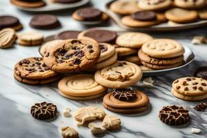 a variety of cookies and cookies on a marble table. AI-Generated photo