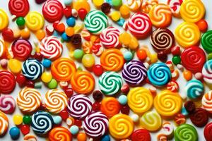 a large pile of colorful candy on a white surface. AI-Generated photo