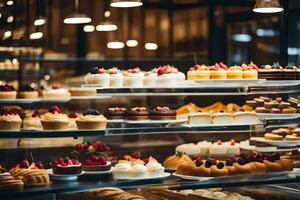 many different types of cakes are on display in a bakery. AI-Generated photo