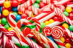 many candy canes and candy are arranged in a pile. AI-Generated photo