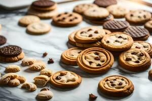 a variety of cookies and cookies on a marble counter. AI-Generated photo