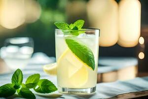 a glass of lemonade with mint leaves on the table. AI-Generated photo