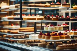 many different types of cakes are on display in a bakery. AI-Generated photo