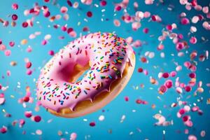 a donut with sprinkles on a blue background. AI-Generated photo