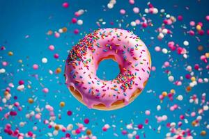 a pink doughnut with sprinkles on a blue background. AI-Generated photo