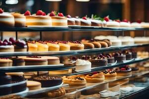 many different types of cakes are on display in a bakery. AI-Generated photo