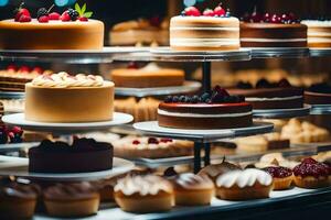 many different types of cakes are on display in a display case. AI-Generated photo