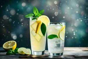 two glasses of lemonade with ice and lemon slices. AI-Generated photo