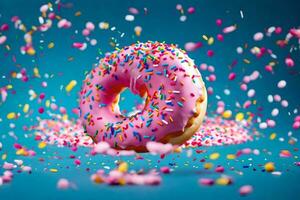 a donut with sprinkles on a blue background. AI-Generated photo