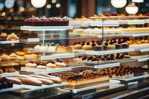 many different types of pastries are on display in a bakery. AI-Generated photo