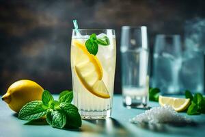 lemonade with mint and ice on a blue table. AI-Generated photo