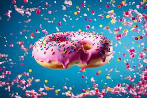 a donut with pink icing and sprinkles on a blue background. AI-Generated photo