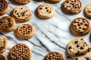 un cerca arriba de galletas en un mármol superficie. generado por ai foto