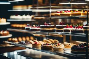 a bakery display case with many different types of cakes. AI-Generated photo