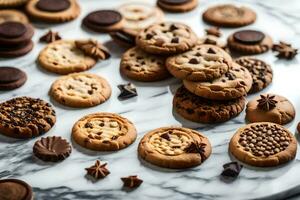 un variedad de galletas y galletas en un mármol mesa. generado por ai foto