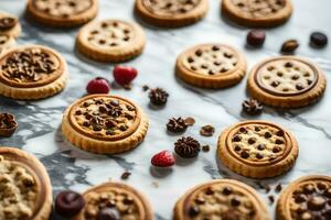 cookies and chocolate chips on a marble counter. AI-Generated photo