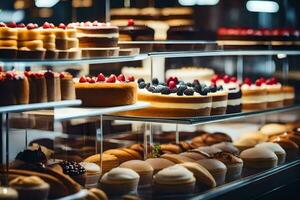 many different types of cakes are on display in a bakery. AI-Generated photo