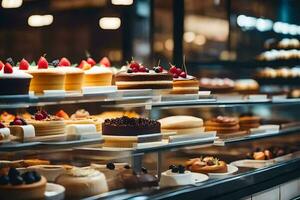 many different types of cakes are on display in a bakery. AI-Generated photo