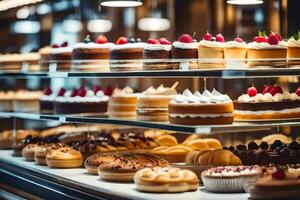 many different types of cakes are on display in a bakery. AI-Generated photo