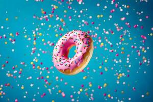 a donut with sprinkles on a blue background. AI-Generated photo