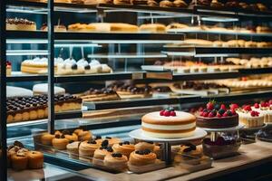 a bakery display case with many different types of cakes. AI-Generated photo