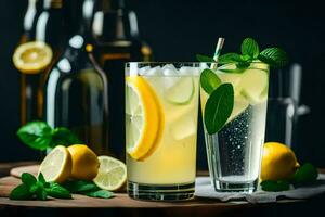 two glasses of lemonade with mint leaves and lemons. AI-Generated photo