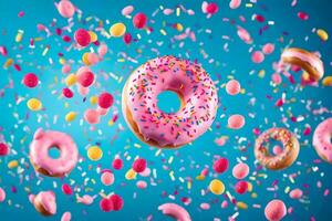 donuts flying in the air with sprinkles. AI-Generated photo