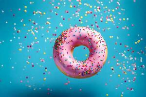 a donut with sprinkles on a blue background. AI-Generated photo