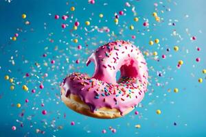 a donut with pink icing and sprinkles on a blue background. AI-Generated photo