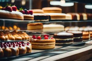 a display case with many different types of cakes. AI-Generated photo