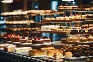 many different types of pastries are on display in a bakery. AI-Generated photo