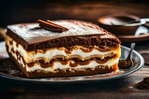 a slice of tiramisu cake on a plate. AI-Generated photo