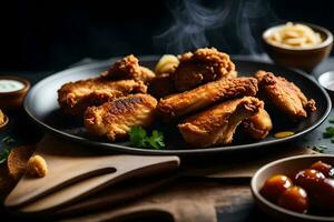 chicken wings on a plate with sauce and other ingredients. AI-Generated photo