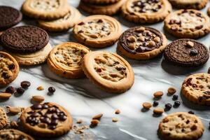 a variety of cookies and cookies on a marble surface. AI-Generated photo