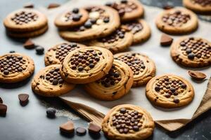 chocolate chip cookies on a baking sheet. AI-Generated photo