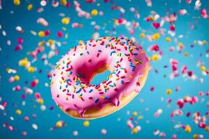 a donut with sprinkles on a blue background. AI-Generated photo