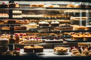 a display case filled with various types of cakes. AI-Generated photo