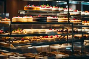 a display case filled with various types of cakes. AI-Generated photo
