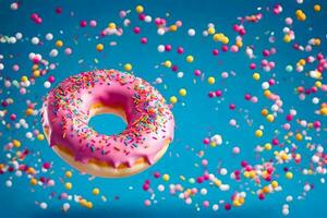 a donut with sprinkles on a blue background. AI-Generated photo