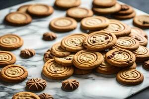 un pila de galletas en un mármol superficie. generado por ai foto