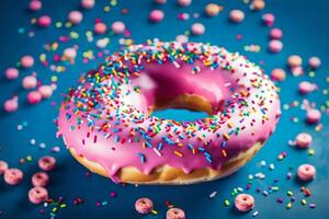 a pink doughnut with sprinkles on a blue background. AI-Generated photo