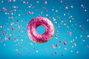 a pink donut surrounded by sprinkles on a blue background. AI-Generated photo