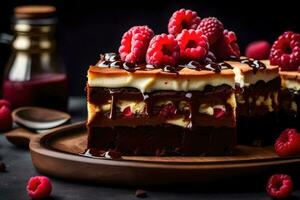 chocolate cake with raspberries and chocolate drizzle. AI-Generated photo