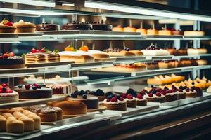 many different types of cakes are on display in a bakery. AI-Generated photo