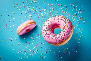 two pink donuts with sprinkles on a blue background. AI-Generated photo