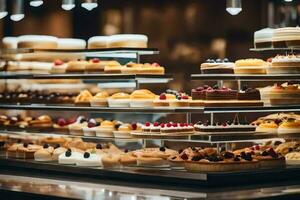 a display case filled with various types of pastries. AI-Generated photo