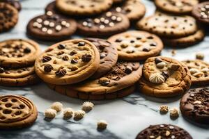 a pile of cookies on a marble counter. AI-Generated photo